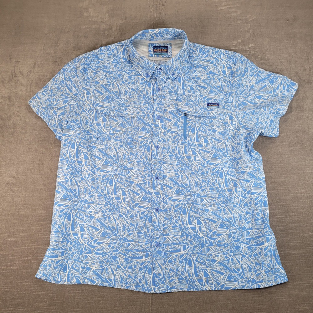 XCASTER OUTDOOR Mens XXL Blue‎ White Fish Print Short Sleeve Button Up Shirt